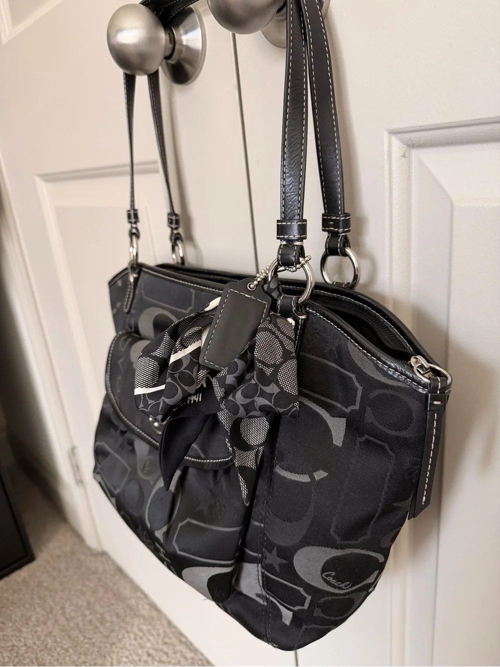 Coach Black Signature Canvas Shoulder Tote with Scarf Accent